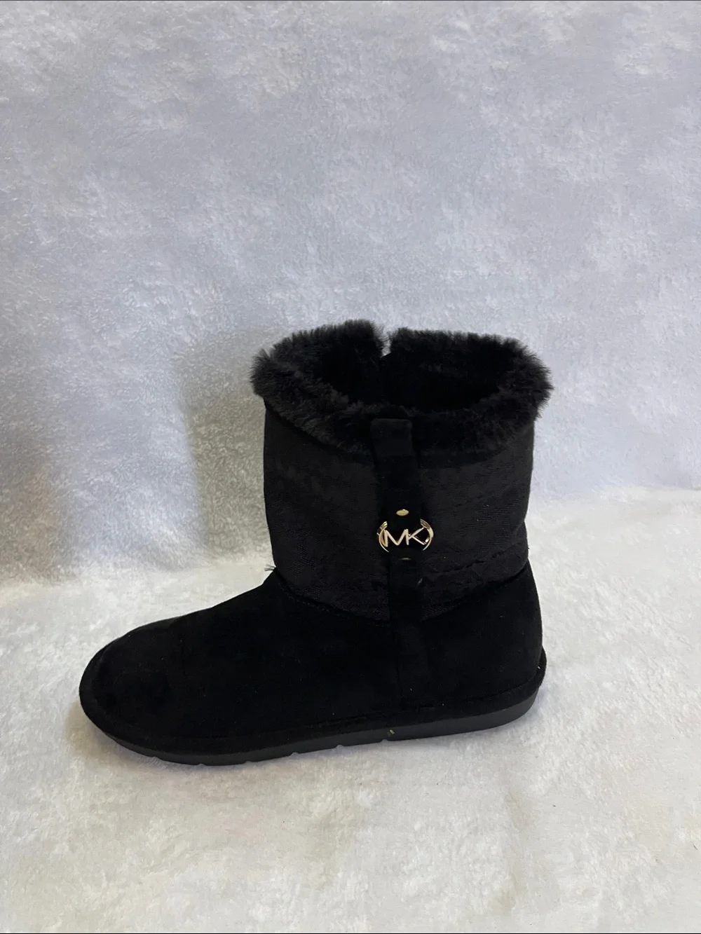 Michael Kors Black Suede Faux-Fur Mid-Calf Boots with Gold Logo